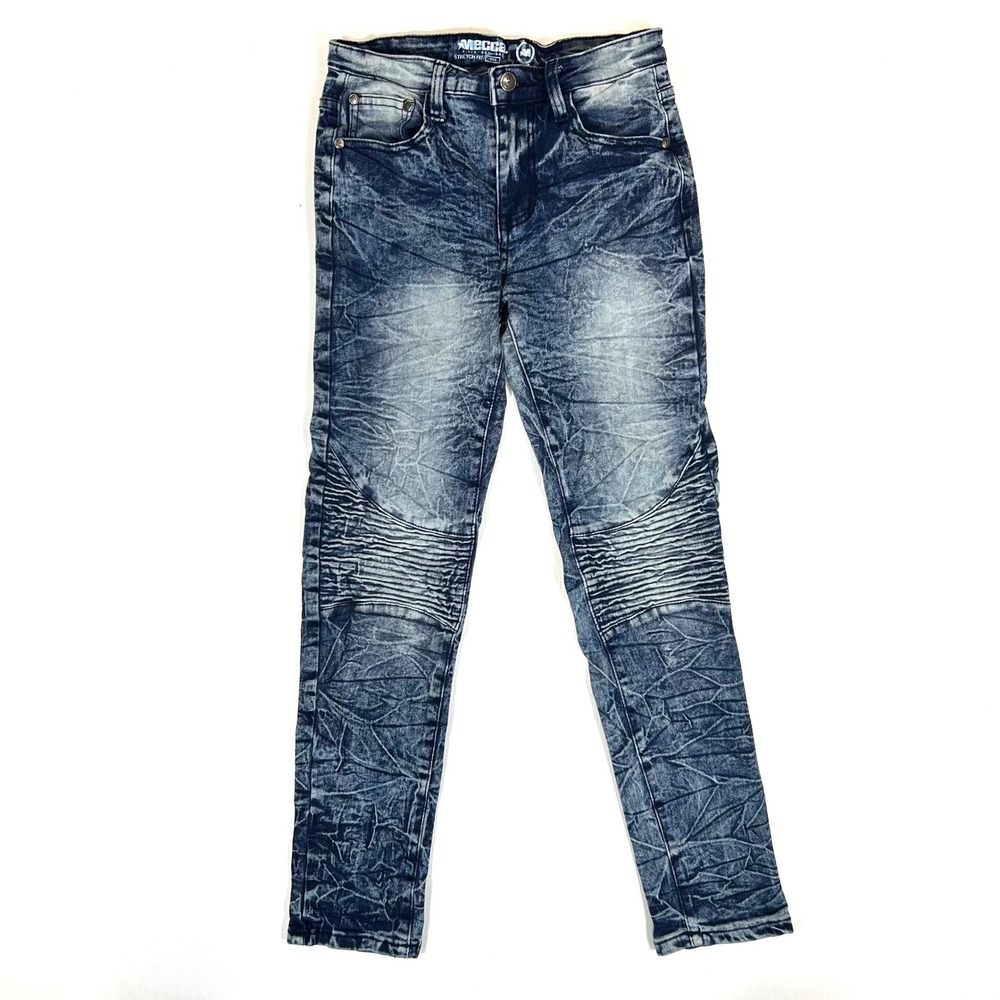 Mecca Boys Acid Wash Moto Stretch Fit Jeans Blue Size 14 Pleated Knee Streetwear